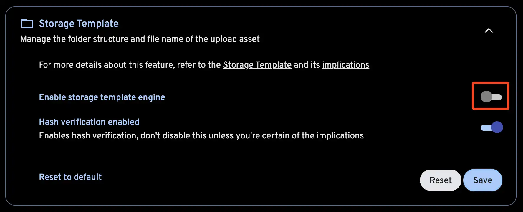 Enable Storage Template Setting