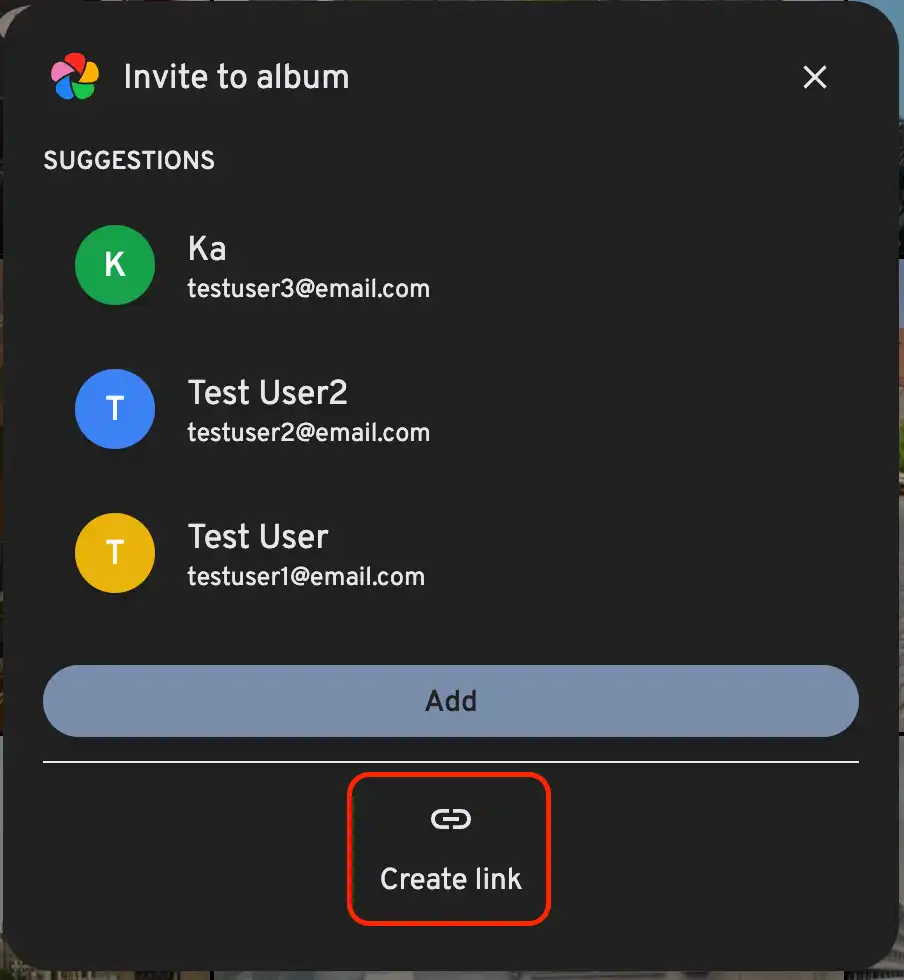 Creating public shared link from album