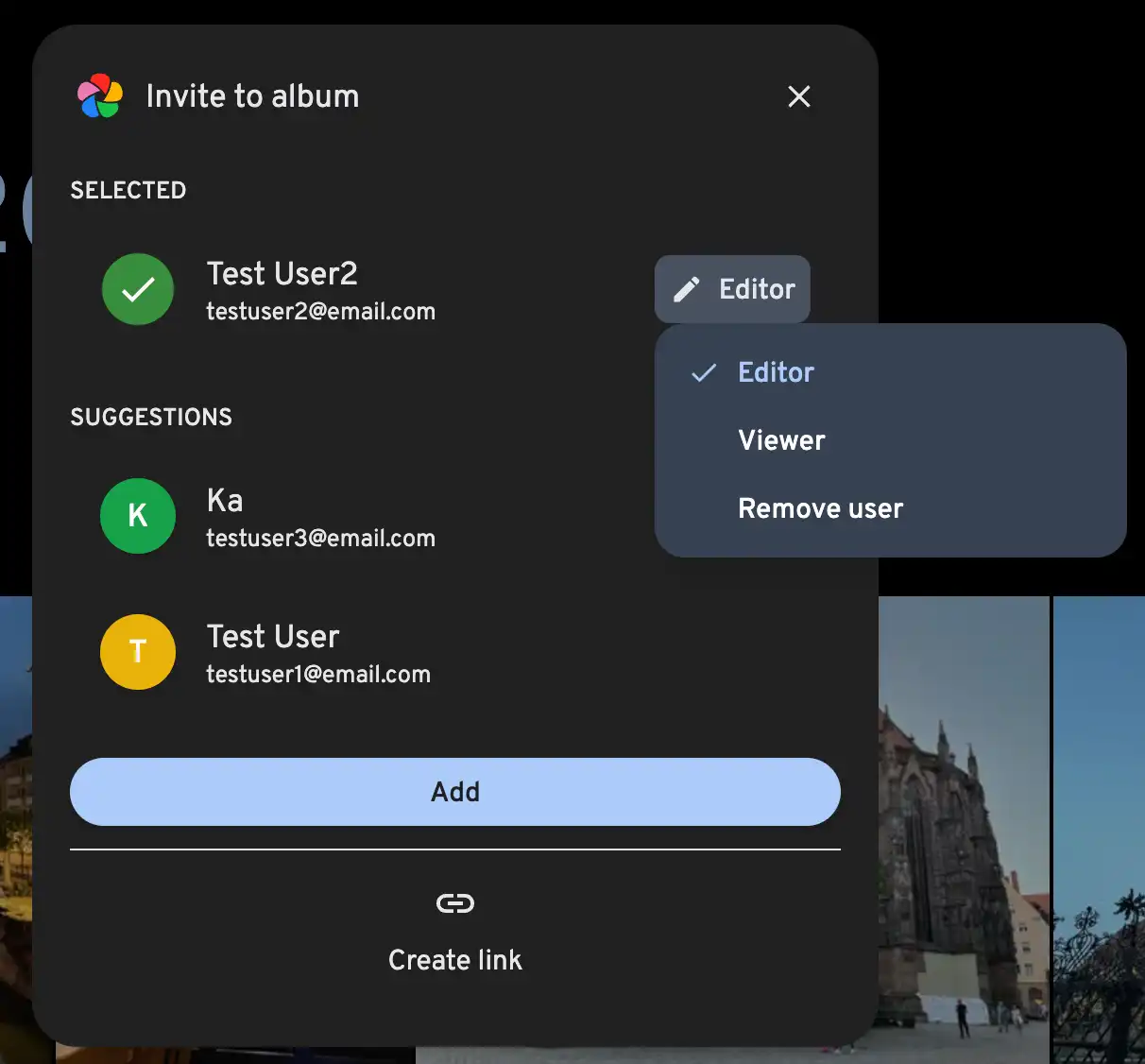 Shared album user selection